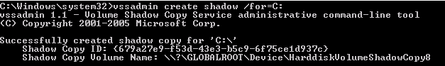 Creation of a volume shadow copy using
VSSAdmin